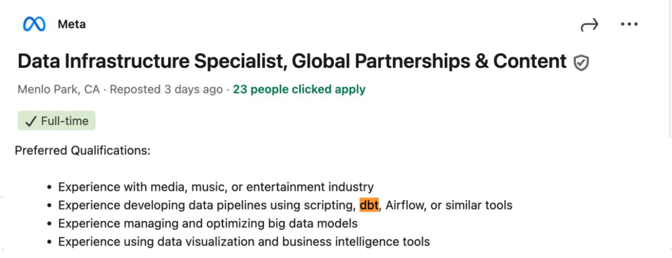 Meta job description mentioning dbt