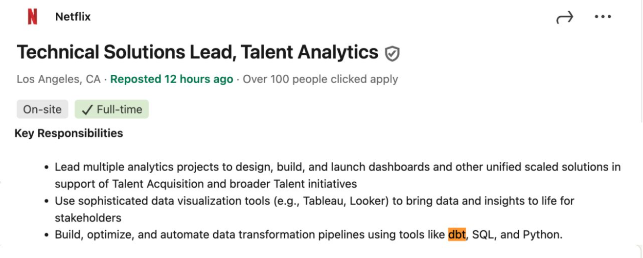 Netflix job description mentioning dbt