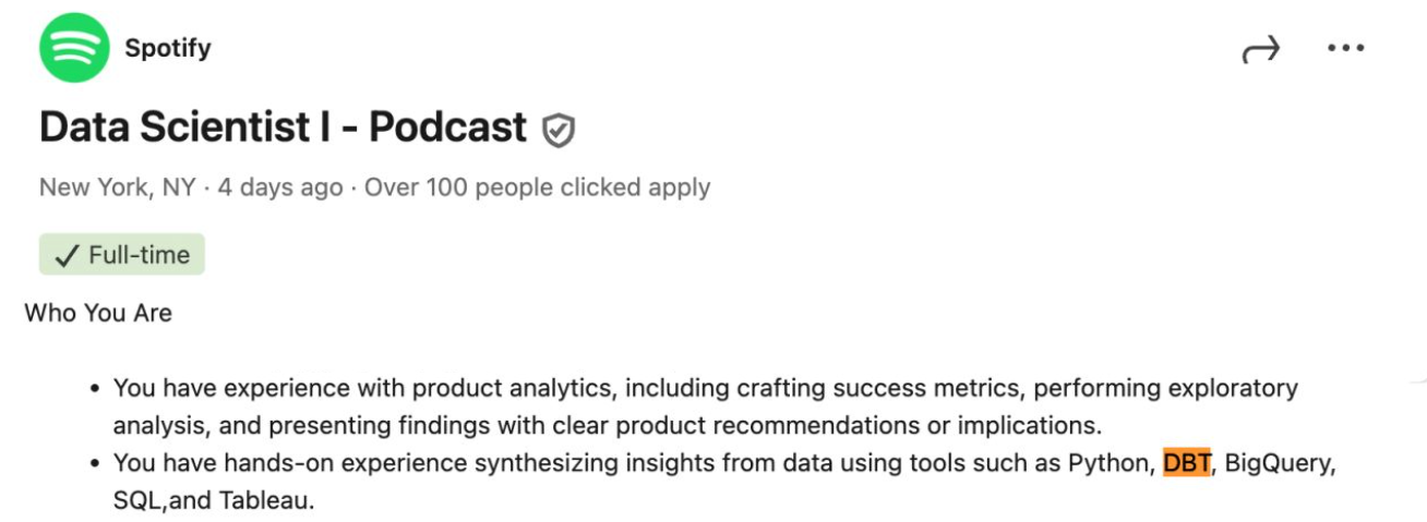 Spotify job description mentioning dbt